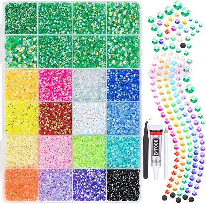2-6mm Emerald Green AB Resin Rhinestones w B7000 Glue for Crafting Bedazzling Flatback Colorful Jelly Stones Diamonds Gems Bedazzler Kit for Nails Face Eyes Makeup Tumblers Bottles Crafts Shoes