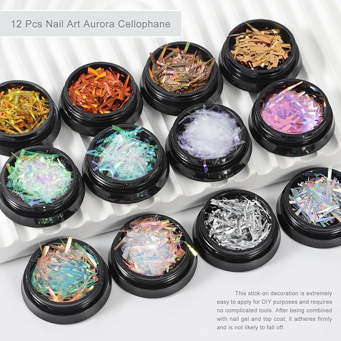 DANNEASY 12 Boxes Holographic Foil Paper, Laser Metallic Nail Foils Broken Glass Cellophane Nail Art Foil Sheets Aurora Nail Art Stickers Decals for Nails Supplies DIY Salon