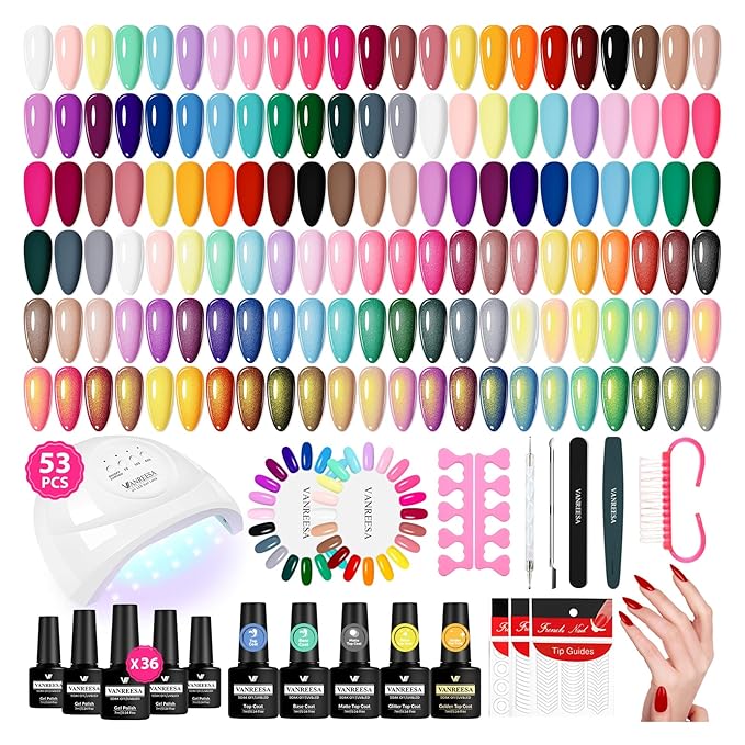 VANREESA Gel Nail Polish Kit with U V Light 53 Pcs Gel Polish Nail Set 36 Trendy Colors Nail Polish Set + Base and 4 Effects Top Coat with Manicure Tools Complete Nail Kit Gifts for Women Girls