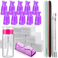 FANDAMEI Nail Polish Gel Remover Tools Kit, 10 Pcs Purple Nail Clips, 100ml Nail Polish Remover Bottle, 500 Pcs Remover Cotton Pad, Nail Brush, Cuticle Pusher, Cuticle Peeler, Nail File, Buffer Block