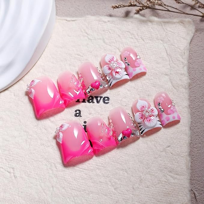 10Pcs Handmade Press on Nails Medium Duck Fake Nails Pink French Tip Nails Press Ons Handmade 3D Floral False Nails with Design Sparkly Full Cover Artificial Stick on Nail for Women (Size M)