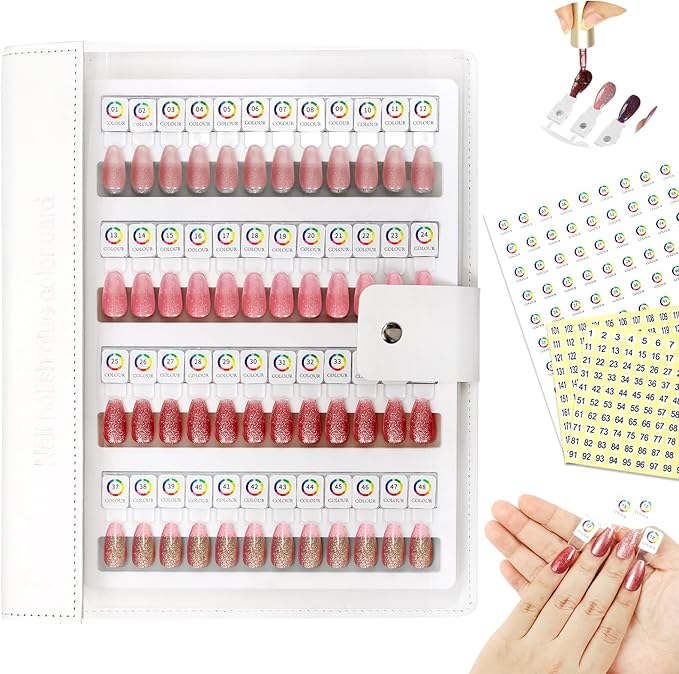 96 Magnetic Nail Swatch Book,Leather Nail Color Display Book with 96 Magnetic Tips & Number Labels,Professional Nail Salon Color Display Book for Easy Preview & Storage ( 2 Page )