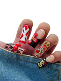 Euphrosyne Y2K Press On Nails – 10pcs Long Coffin Fake Nails with Leopard Print, 3D Cherry, Flowers, Heart Rhinestones & Love Charms | Trendy Stick-On Nails for Women, Cute Nail Art for Party Look