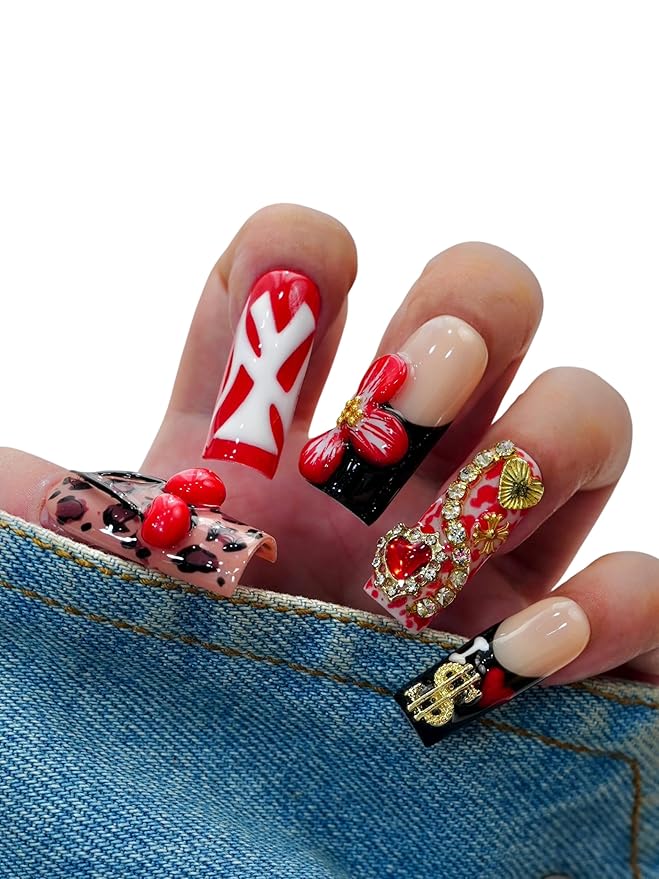 Euphrosyne Y2K Press On Nails – 10pcs Long Coffin Fake Nails with Leopard Print, 3D Cherry, Flowers, Heart Rhinestones & Love Charms | Trendy Stick-On Nails for Women, Cute Nail Art for Party Look