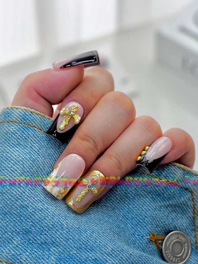 Euphrosyne Luxury Press On Nails – 10pcs Long Square Fake Nails in Nude Pink and Black with Gold Cross Charms, Pearl Accents & Letter Plaques | Gothic Stick-On Nails with 3D Details