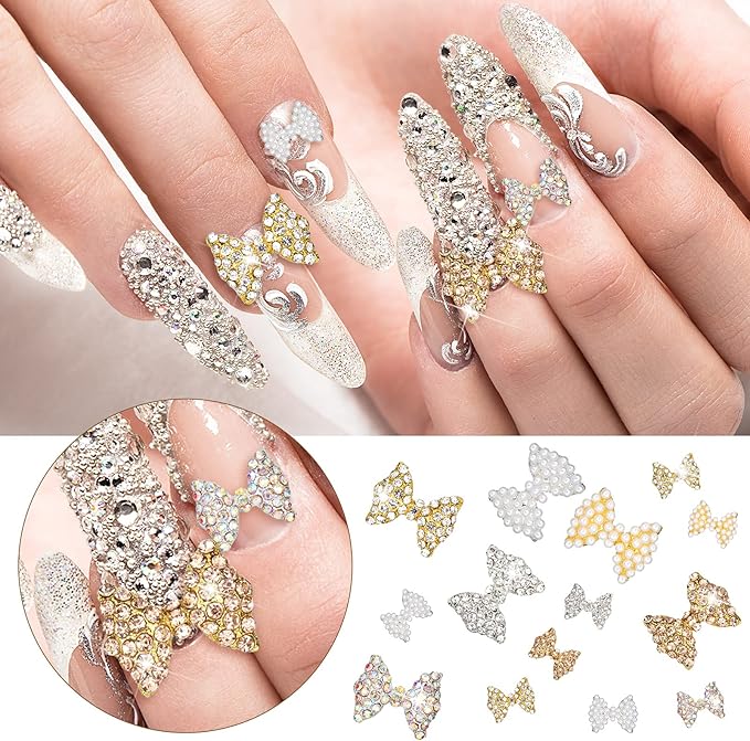 Maitys 24 Pieces Nail Bows Charms Rhinestones 3D Charms Alloy Pearl Bow Knot Accessory for Valentine's Day Women DIY Xmas Salon Jewelry Craft(Assorted Colors)