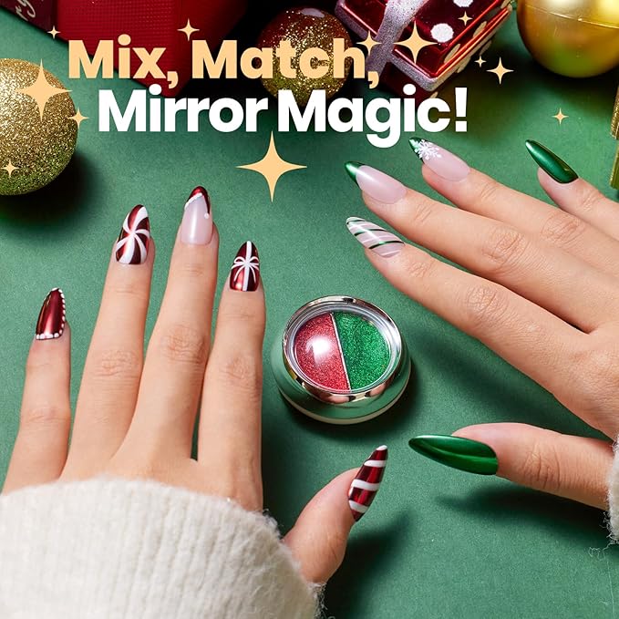 Beetles Chrome Nail Powder 2 Colors Mirror Effect Red Green Metallic Crome Powder for Nail Solid Pigment Nails Art Decoration Glitter Manicure Design Gift for Women