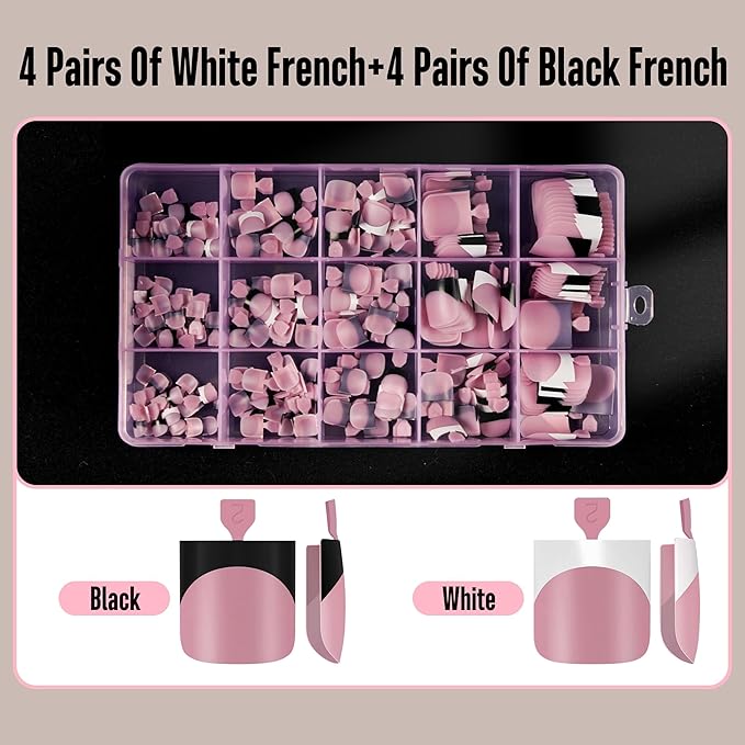 Halloween Black and White Mix Color French Tip Toe Nail Tips Press on, Sharp Square Pre-Designed Soft Gel False Toenail Extension, Medium Fake Toenails, Full Cover Acrylic for DIY x 15 Sizes 240 pcs
