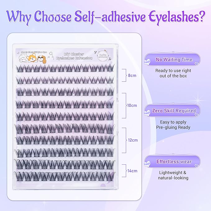 Self Adhesive Eyelashes, Individual Lashes Clusters for Fluffy Lash Clusters Kit, Pre Lash Glue Wispy Cluster Eyelash Extensions Kit Easy to Apply 120 PCs 8mm 10mm 12mm 14mm