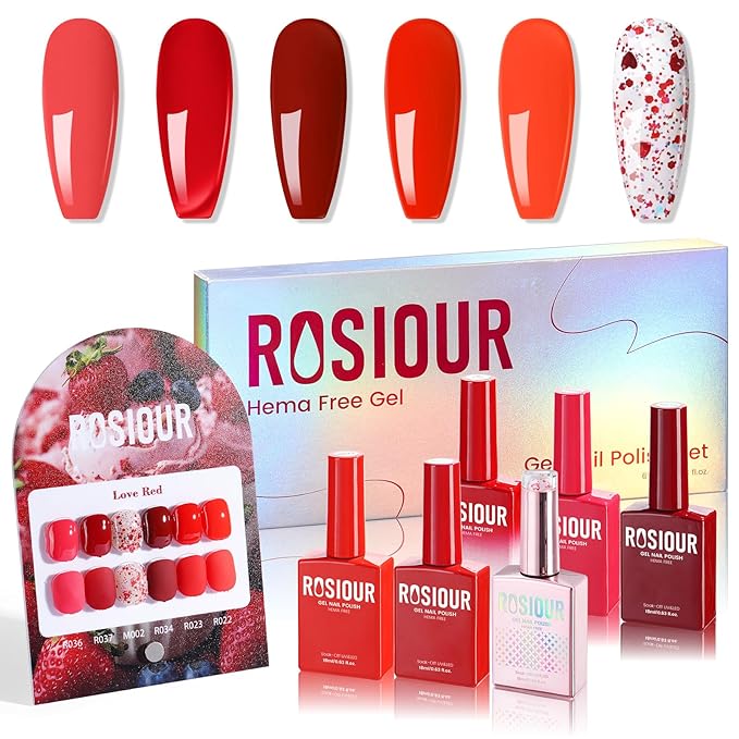 6PCS 18ml Gel Nail Polish Set- Hema Free Orange Scarlet Red Soak off Gel Polish Set with Swatch Board- Flame Burgundy Red Gel Colors Nail Art Manicure Salon DIY at Home for Women Girl