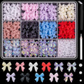 600 Pcs Bow Nail Charms and Flatback Pearls Set 2, 11 Colors Shiny Cute Bow Charms Nail Jewels and 2-4mm White Nail Pearls for Nail Art DIY Decoration with Pickup Tools