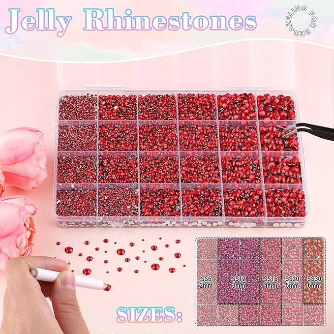 32000Pcs Resin Red Rhinestones with B7000 Jewelry Glue for Crafting, 2-6mm Non Hotfix Flatback Gems, Bedazzling Crystal for DIY Crafts Clothing Tumblers Mugs Shoes Fabric Decor Nail Art