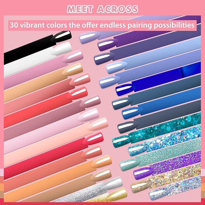 MEET ACROSS 30pcs Gel Nail Polish Set, 30 Colors Gel Polish All Seasons Nude Pink Blue Glitter Gold Silver Black White Nails Art Kit DIY Salon at Home