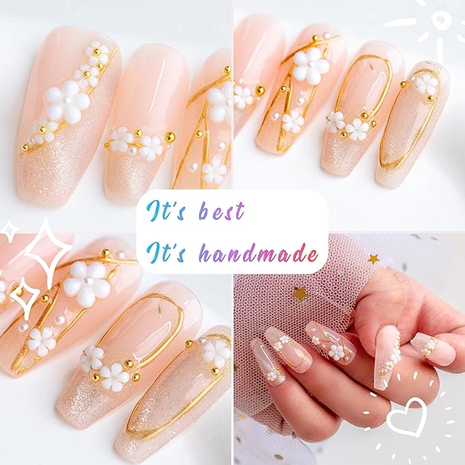 Sun&Beam Nails Handmade Press On Nail Medium Long Coffin Ballerina Pink Flower Plum Blossom Fake Tip 3D Design Art Charms Cute with Storage Box 10 Pcs (#010 XS)