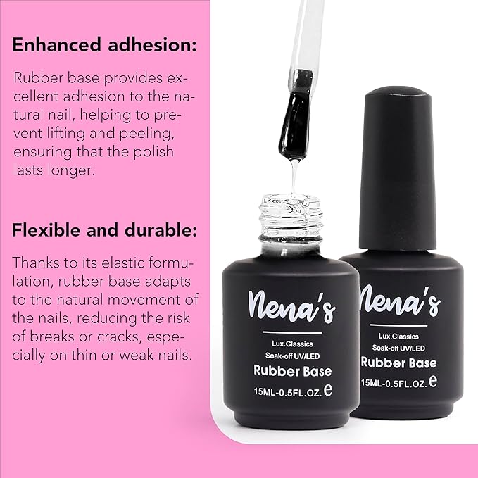 Nena's Elastic Rubber Base Coat Set - 15 mL / 0.5 fl oz Bottle + 120 mL / 4 oz Refill | UV/LED Curable Correcting Base with Enhanced Adhesion, Soak Off Formula for Professional Nails