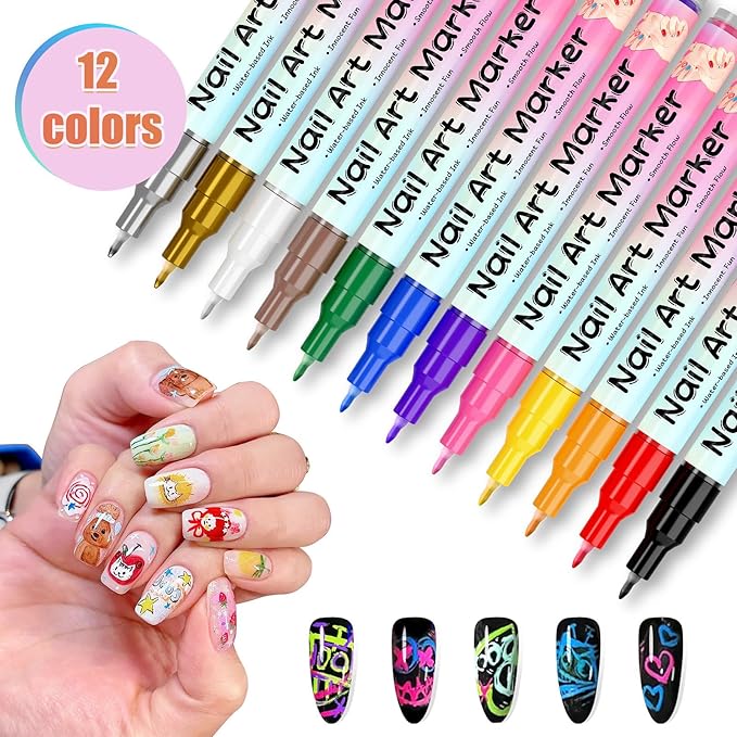 12 Colors Nail Art Marker Pens, Water Based Nail Art Pens for Painting Nail Point Graffiti Dotting Liner Pen for Home Salon Quick Dry Manicure