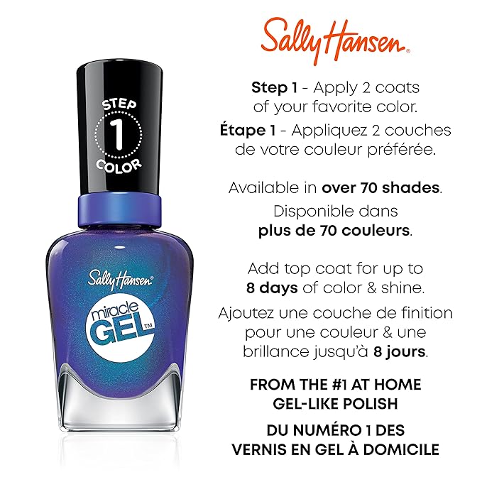 Sally Hansen Miracle Gel Salon Quality Nail Polish | Gel-Like Formula, Two-Step System, No UV Light Needed, Long Lasting Opaque | 642 Oaseas| Blue Nail Polish