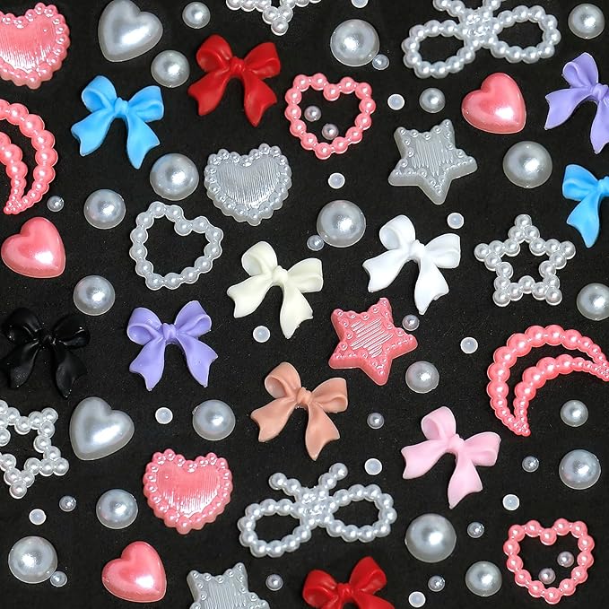 HNUIX 3D Nail Charms and Flatback Pearls - Pink & White Heart, Moon, Bow, Hollow Bow Star Pearls; 50 Pieces Gemstone Nail Rhinestones Set with Tweezers and Pickup Tools