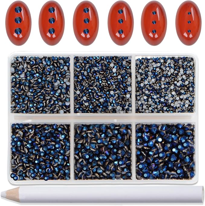 Bymitel Hotfix Crystal Rhinestones Round Gems for Crafts,Mixed 6 Sizes with Wax Pencil Kit, Mine Blue 1.3-3.2mm(SS3-SS12/8000pcs)