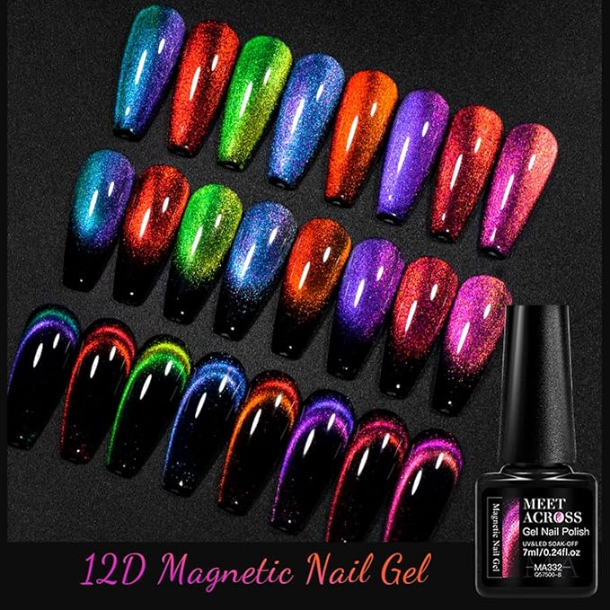 MEET ACROSS Magnetic Cat Eye Gel Nail Polish - Long-Lasting, High-Shine, 12D Holographic Glitter Effect, Soak-Off, Easy to Apply and Remove, 8 Vibrant Colors Optional for Nail Art Manicure