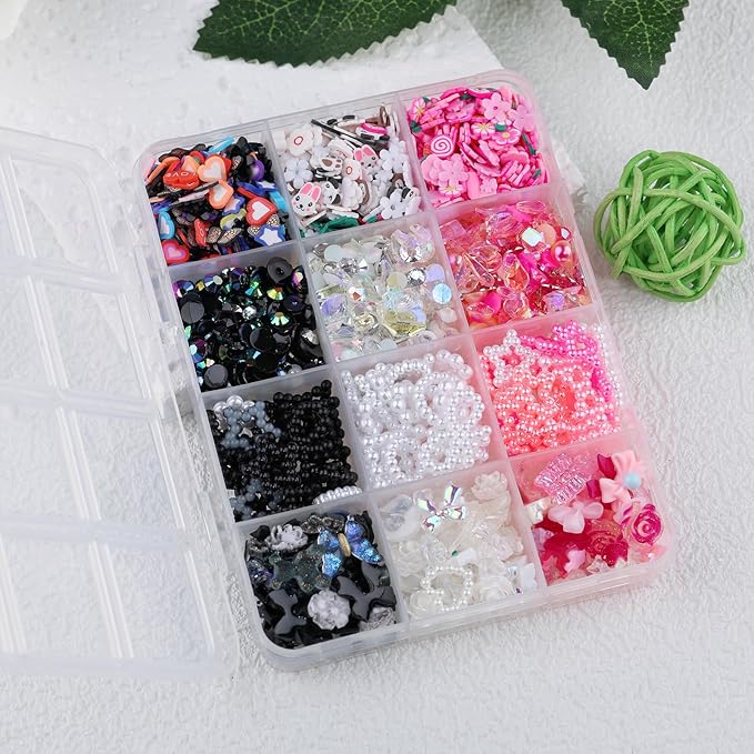 2050 Pieces 3D Butterfly Rose Flower Bow Rabbit Bear Nail Charms Kit with Nail Art Rhinestones Pearls Crystal Gems Nail Slices for Manicure DIY Crafts Jewelry Accessories (Pink Black White)