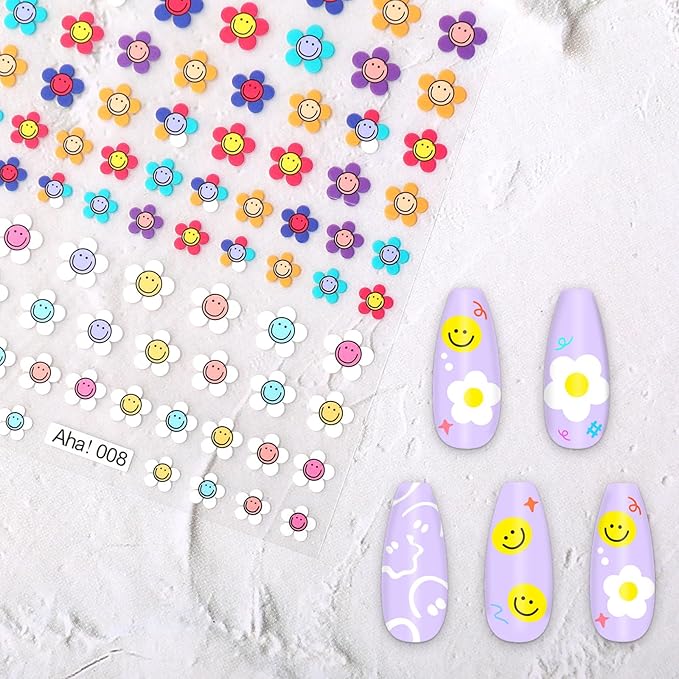 JarThenaAMCS 6 Sheets 5D Embossed Nail Art Stickers Smile Face Floral Decorative Self-Adhesive Nail Decals for DIY Manicure Party Supplies