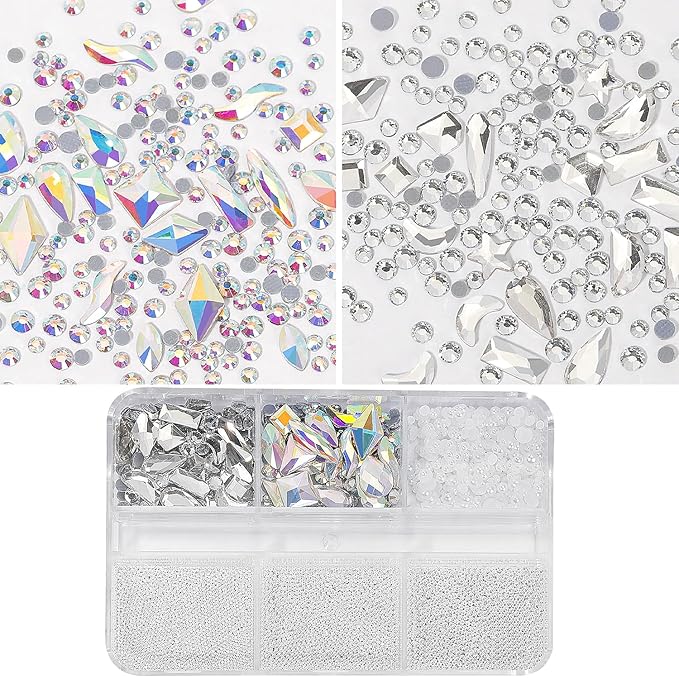 Silver 3D Nail Art Charms - Caviar Beads & Rhinestones Mix Size Multishape AB Crystals Kit for DIY Nail Decoration