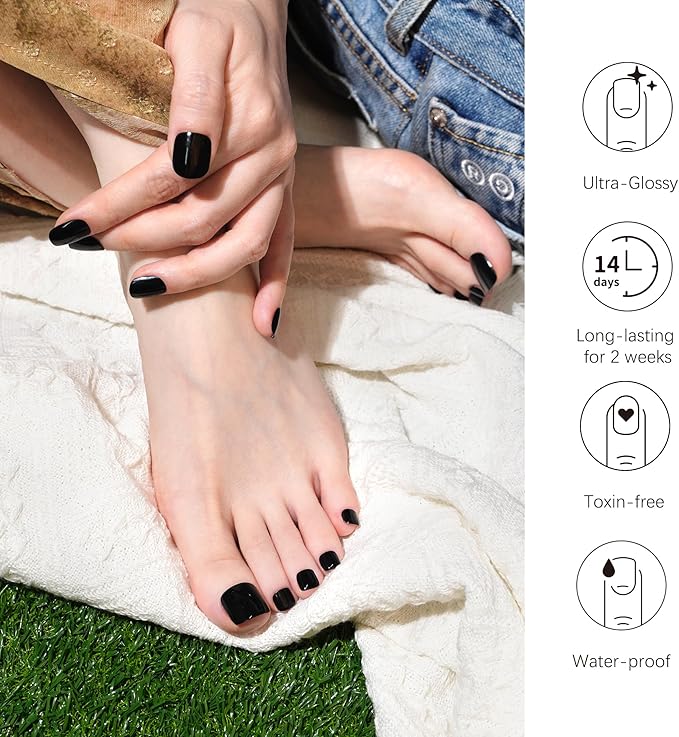 DANNI & TONI Semi Cured Gel Pedi Strips (Black Panther) Toenail Black Solid Color Pedicure Gel Nail Stickers for Toes 37 Stickers