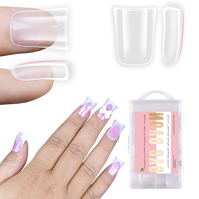 NOVO OVO Upgraded Duck Feet Nail Tips Extra Thick Short Full Cover for Press on Acrylic, Clear Pre-Etched Matte Flare Wide French Soft Gel Fake False Nail Extension Full Coverage x 12 Sizes 240 pcs