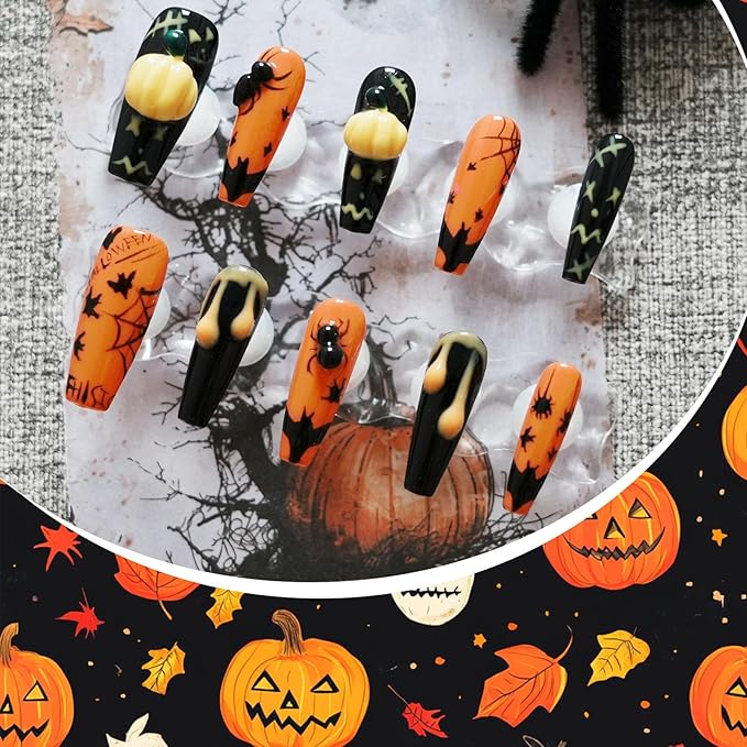 Halloween Press on Nails Ballerina Shape Long Coffin - Black Base with Ant Web Bat Dripping Effect 3D Nail Art for Women & Girls (Pumpkin Bat Silhouette,S)
