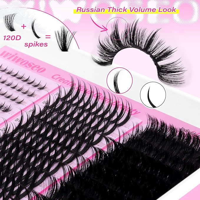 wiwoseo Spiky Lash Clusters with Bottom Lash Clusters Kit Salon Volume Lash Spikes Cluster Eyelash Extensions Kit 26MM Long Eyelash Clusters Spiky Manga Lashes Clusters with Clear Bond and Seal