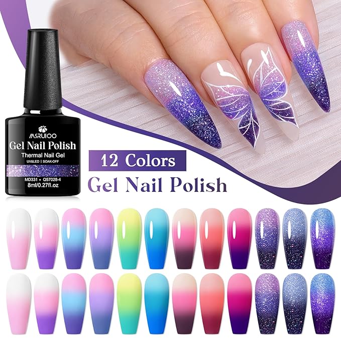 Color Changing Gel Nail Polish Set Temperature Mood Changed Glitter Blue Purple Nail Art Design Gifts for Women Girls 12Pcs*8ml