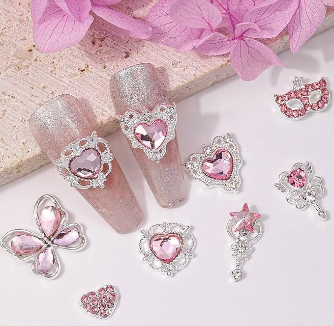 60 Pcs Heart Nail Charms, Rhinestone Pink Butterflies Nail Art Gems, Star Heart Butterfly Charms Decorations Sailor Moon Acrylic Nail Accessories for Women DIY Crafts 1