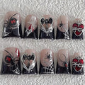 Halloween Luxury Press on Nails Short Duck Handmade 3D Unique Reusable ABS Material Fake Nails Black French False Nails with Designs Spider Web Bat Charms Glossy Glue on Nail Thick Acrylic Nail(M)