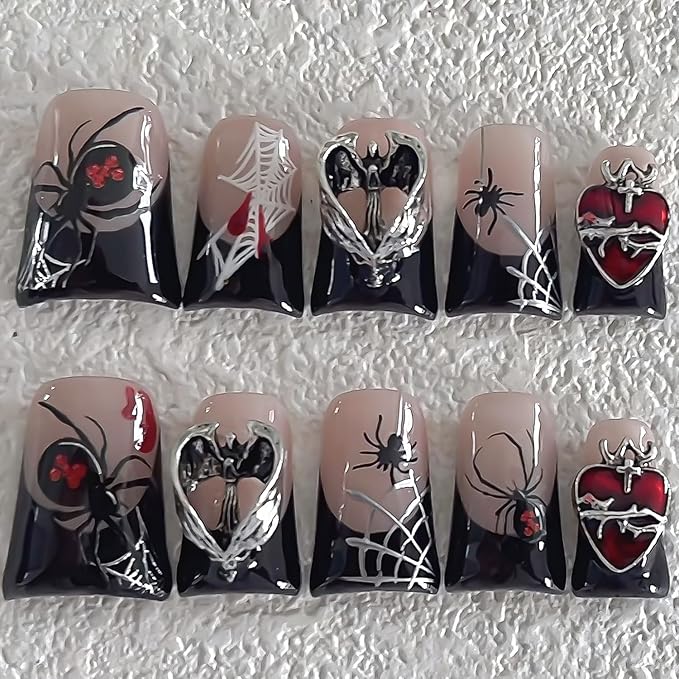 Halloween Luxury Press on Nails Short Duck Handmade 3D Unique Reusable ABS Material Fake Nails Black French False Nails with Designs Spider Web Bat Charms Glossy Glue on Nail Thick Acrylic Nail(S)
