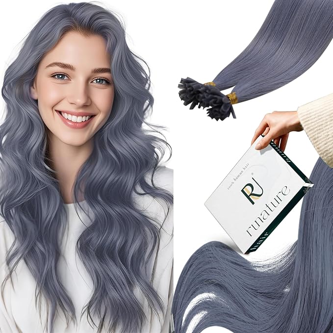 RUNATURE U Tip Hair Extensions Real Human Hair 22 Inch 25g Light Blue Hair Extensions Invisible Hot Fusion Blue Extensions Hair Highlight Party Long Lasting Comfortable for All Day Wearing 25s