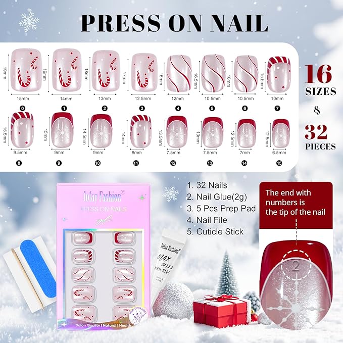 Press On Nails Short - Jofay Fashion Cat Eye Press On Nails Square, Red Candy Cane Fake Nails with Glue, Glossy Reusable Acrylic Nail Tips in 16 Sizes, Christmas Stick On Nails for Women Girls Gift