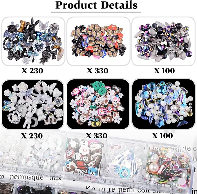 1400 Pieces 3D Butterfly Rose Flower Bow Rabbit Bear Nail Charms Kit with Nail Art Rhinestones Pearls Crystal Gems Nail Slices for Manicure DIY Crafts Jewelry Accessories (Black White)