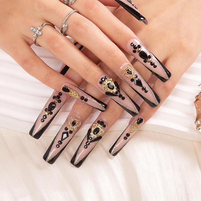 LOVFUL Press on Nails Obsidian Palace Black French Tip| Handmade with Full Covered Crystals| Reusable Fake Nails| Square Mid length 1.7in| H165-L