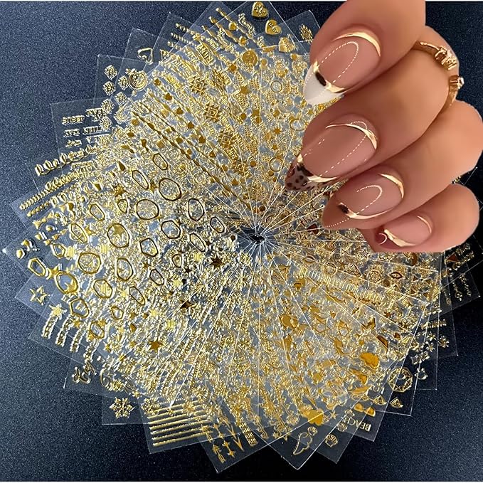 60 Sheets Gold Nail Stickers for Nail Art Gold Nail Art Stickers Decals More Than 2000 Design 3D Self-Adhesive Golden Nail Decals for Women Girls Salon Home DIY Manicure Nail Tweezers Included