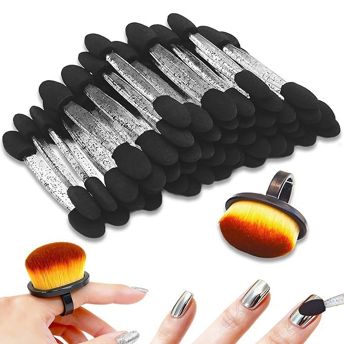 Black 50PCS Chrome Nail Powder Applicators & Nail Dust Brush, Dual-Sided Nail Chrome Applicator, Soft Sponge Eyeshadow Applicators for Chrome Powder & Metallic Mirror Nails