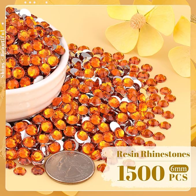 1500PCS 6mm Resin Rhinestones Bulk for Crafting (Orange), Flatback Bedazzling Crystals for Crafts DIY Nail Decoration, Gems Charms for Tumbler Shoes Clothing Fabric with Pickup Pen and Tweezers
