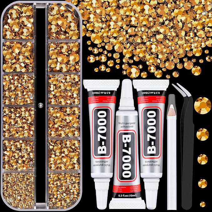 Resin Rhinestones for Crafting with 3Pcs 10ml B7000 Jewelry Glue, 1 Box Gold Flatback Gems Crystals Diamond for Bedazzling Crafts DIY Nail Art Makeup, Gems for Clothing Tumblers Shoes