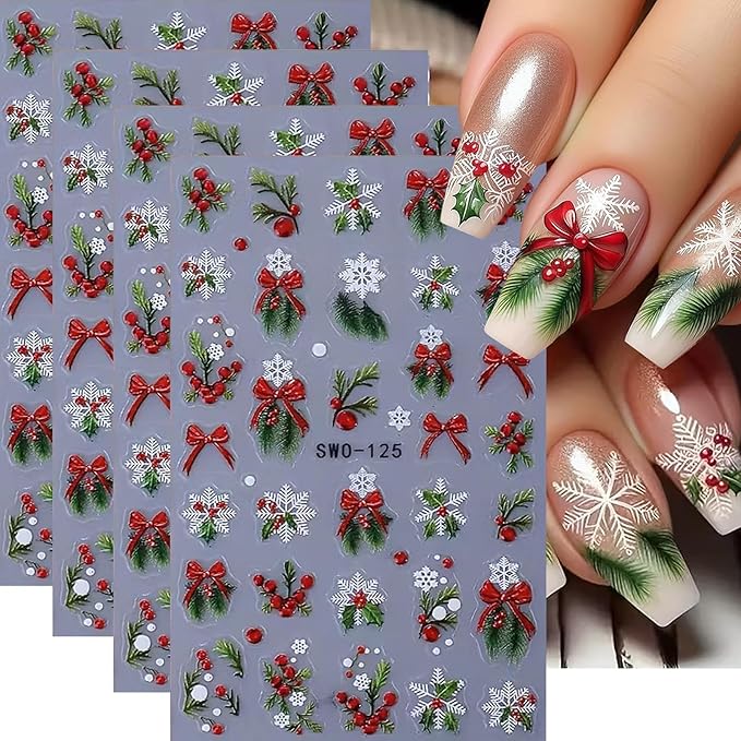 4 Sheets Christmas Nail Art Stickers Decals 5D Embossed Winter Holly Sprig with Bow Nail Decals3D Self-Adhesive Xmas Snowflake Holiday Nail Supplies Nail Art Design for Women DIY Decoration