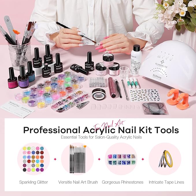 Acrylic Nail Kit for Beginners: 0 Experience Needed to Complete Acrylic Nail Starter Kit with 48W Nail Lamp & Drill for Home DIY Manicure