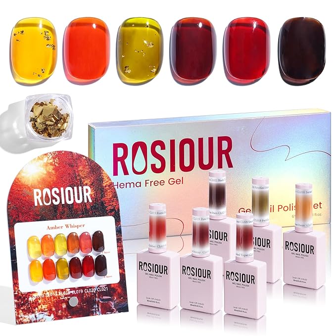 6PCS 18ml Fall Gel Nail Polish Set- Hema Free Amber Chic Jelly Soak off Gel Polish Set with Swatch Board - Yellow Red Brown Translucent Gel Colors Nail Art Manicure Salon DIY at Home for Women Girl