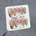 Handmade Fake Nails Medium Almond Press on Nails Rhinestones 3D Gold Curve Line False Nail French with Cross Designs Glossy Glue on Nail DIY for Women Manicure Art (Size M)