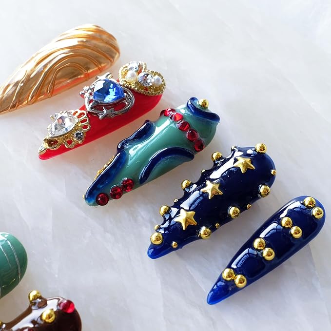 Luxury Handmade Press On Nails, Vintage Bohemian Style, Long Stiletto Shape, Crystal Heart Gems, Gold Stars Design, 10 Pieces (XS, LS)