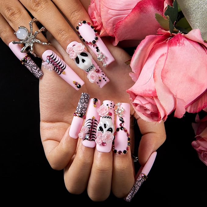 Lovful Halloween Press On Nails with Skeleton | Mid Length Handmade Acrylic Press ons | Reusable Stick on Nails | Square Mid length 1.7in | H660-M