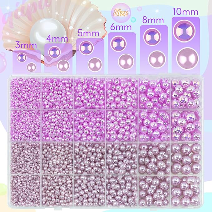 2 Styles Solid Purple+ Light Purple AB Flatback Pearls for Bedazzling Crafting 3mm-10mm Half Round Beads Gems Bedazzler Kit for Nails Face Eyes Makeup Tumblers Bottles DIY Crafts Shoes﻿ Phones